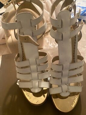 bebe White Strappy Heeled Sandals with Gold Footbed